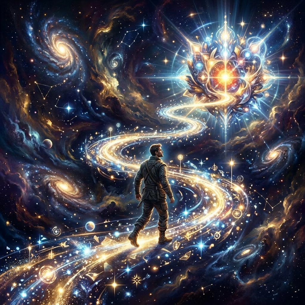 A man walking on a glowing spiral path in space towards a bright, radiant lotus-like structure among stars and galaxies.