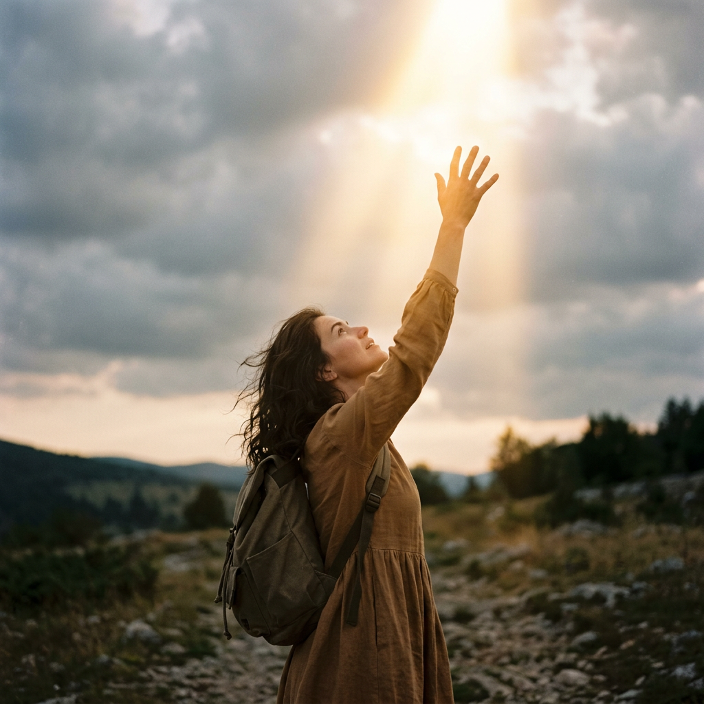 Woman with backpack reaching hand towards sunlight beam in cloudy outdoor landscape